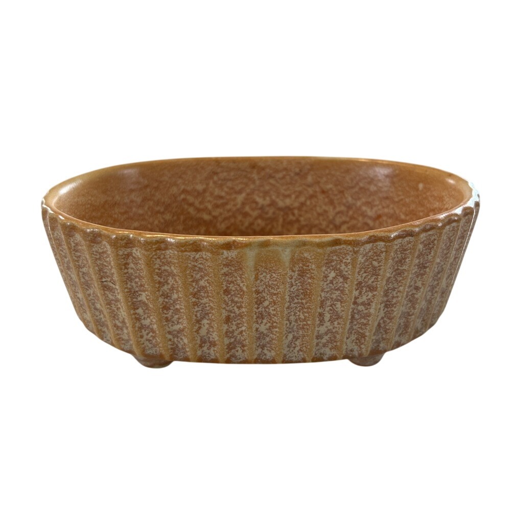 Hull USA Pottery F39 Ribbed Oval Planter Tan Drip Glaze‎ Vintage Mid Century